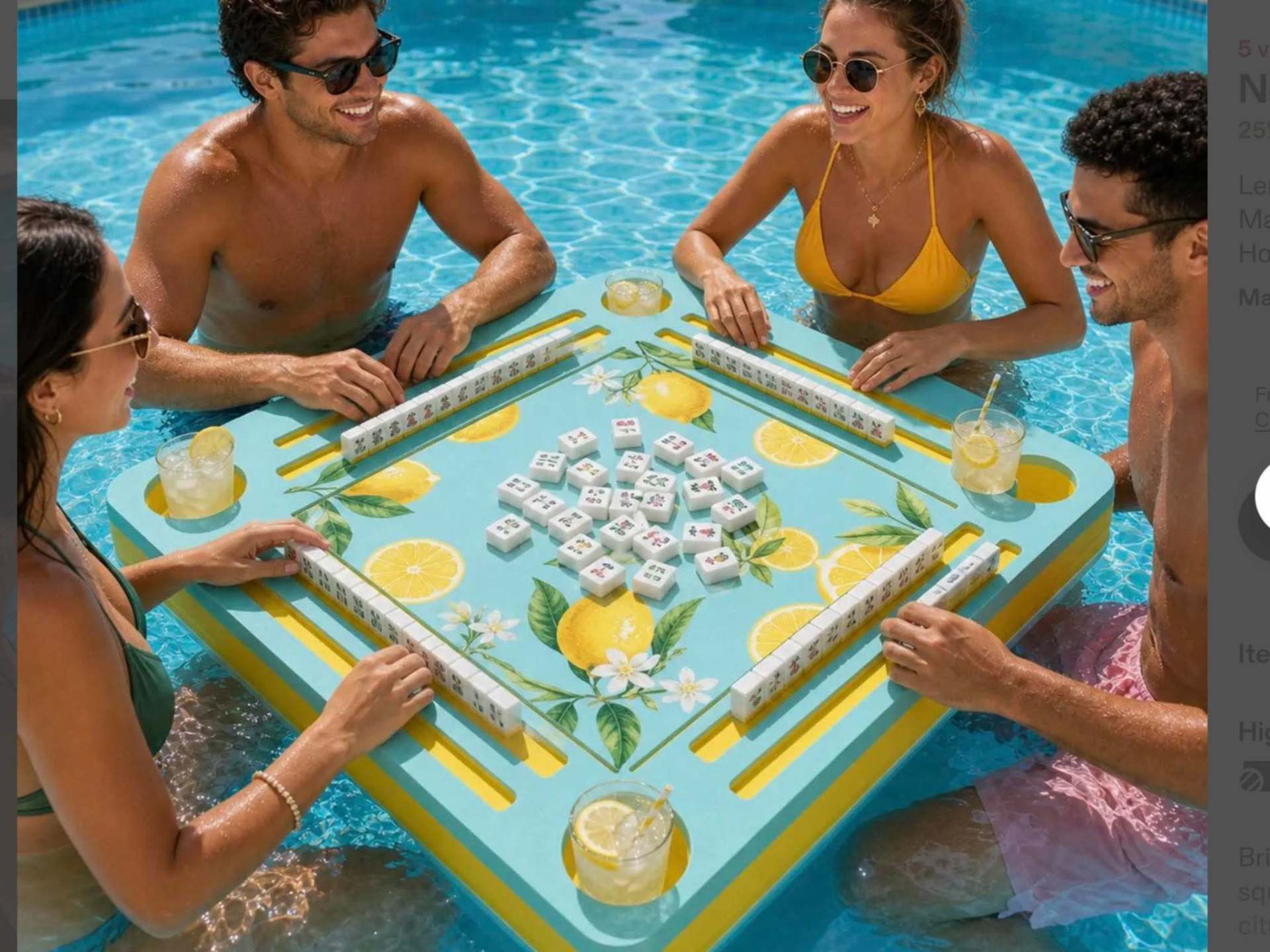 Floating mahjong tiles and pool mat set up for a poolside game in Florida