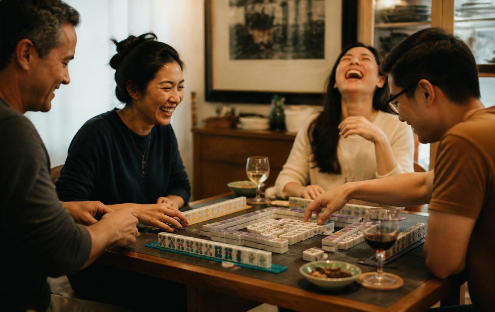 Four friends laughing candidly around a mahjong board at a cozy home dining table with wine and snacks