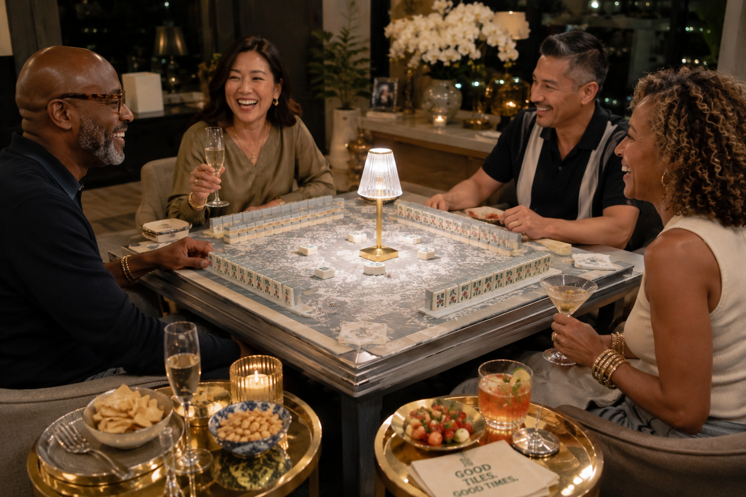 Friends gathered around a mahjong table