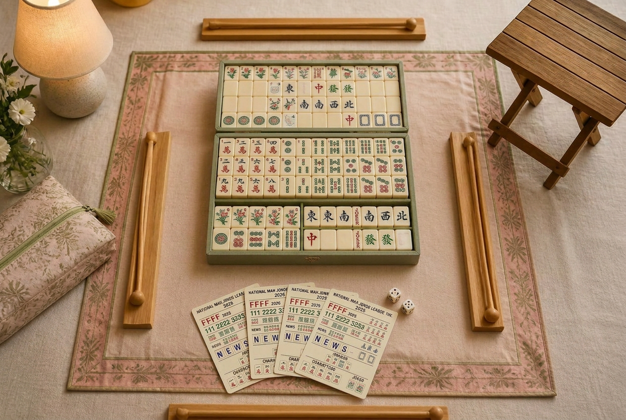 Overhead flat-lay of a complete American Mahjong hosting kit — tiles, mat, racks, NMJL cards, dice, lamp, and side table