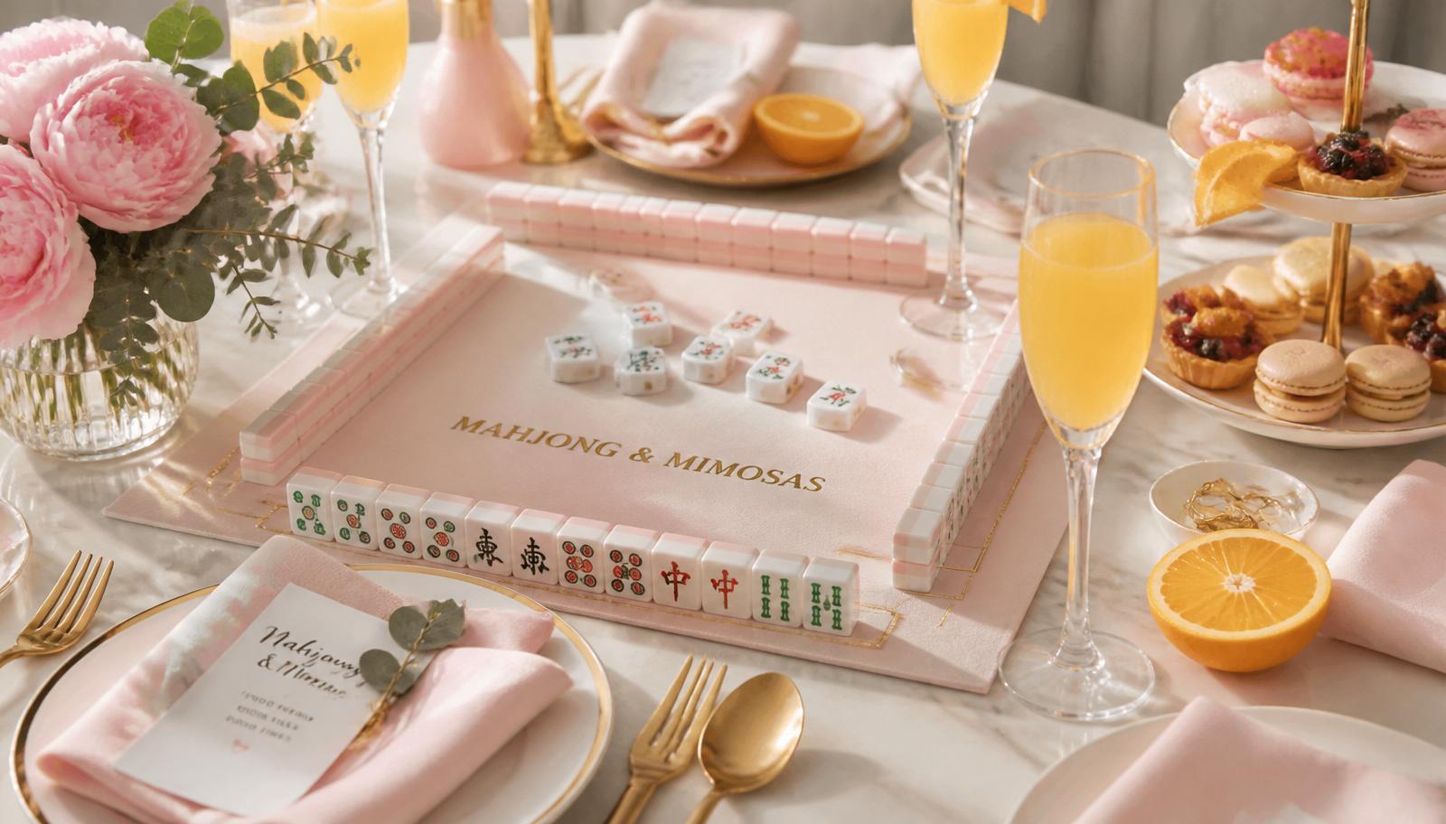 A blush and gold Mahjong & Mimosas brunch tablescape with pink peonies, champagne flutes, macarons, and a pastel mahjong set