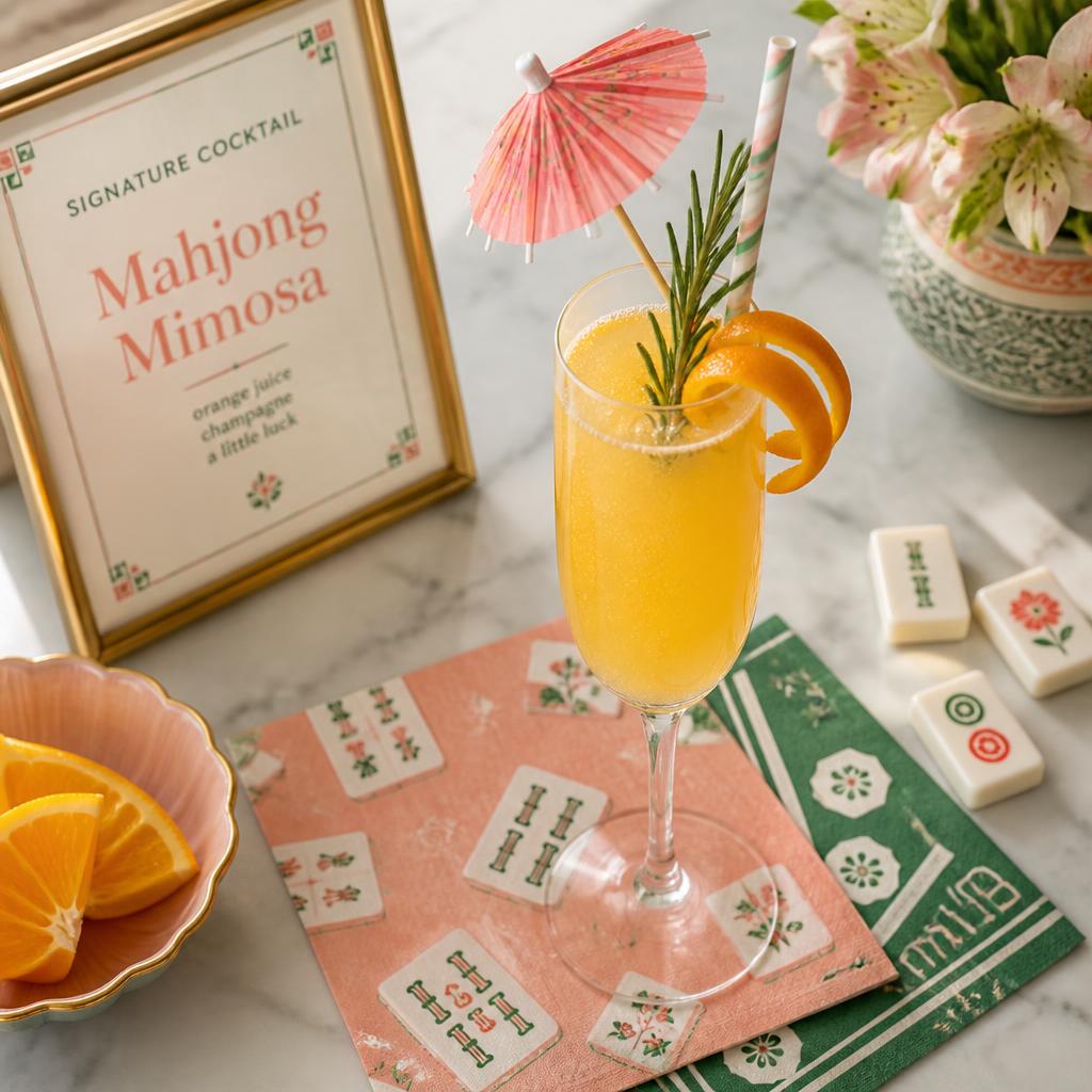Mahjong Mimosa signature cocktail — champagne flute with orange juice, rosemary sprig, pink paper umbrella, and striped paper straw beside patterned mahjong cocktail napkins