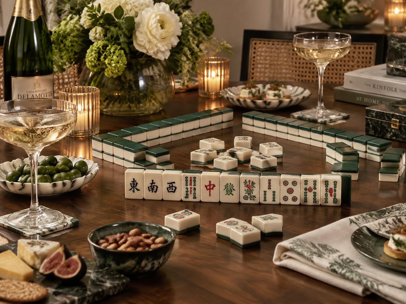 An elegant mahjong game night tablescape with tiles, champagne, and fresh flowers