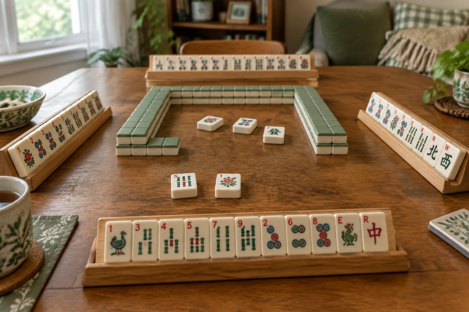 An American mahjong game set up on a wooden table, with tiles standing in wooden racks around a wall of stacked tiles.